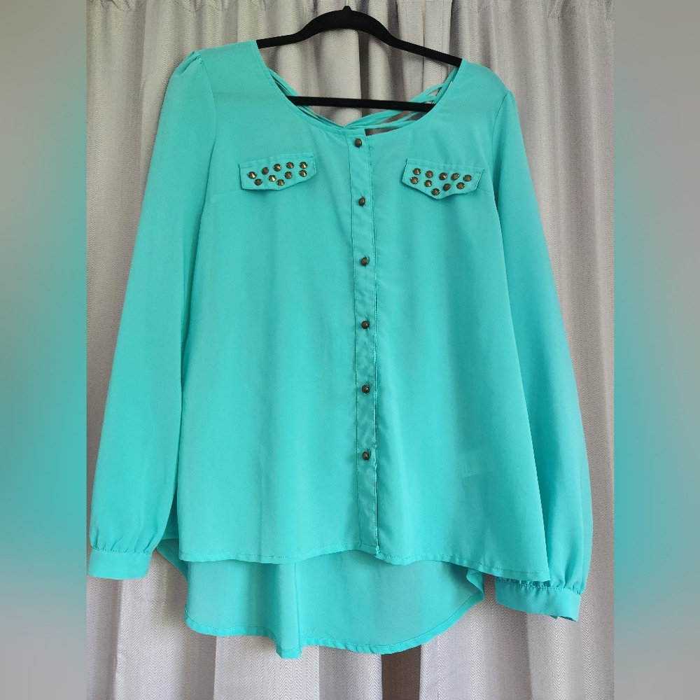 Teal Blouse with studded mock pocket
